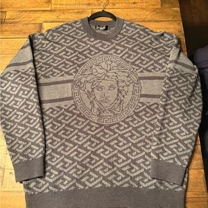 Authentic 2XL Versace Charcoal and Light Gray Medusa knit Sweater